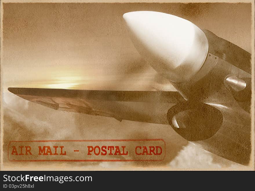 The close-up vintage airplane is takingoff in the beautiful sunrise sky on the retro designed air mail postal card. The sky area is free for your text. The close-up vintage airplane is takingoff in the beautiful sunrise sky on the retro designed air mail postal card. The sky area is free for your text.