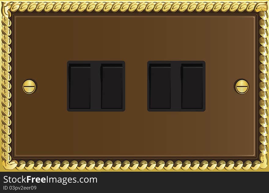 Illustration of double light switches with fancy brass border. Illustration of double light switches with fancy brass border