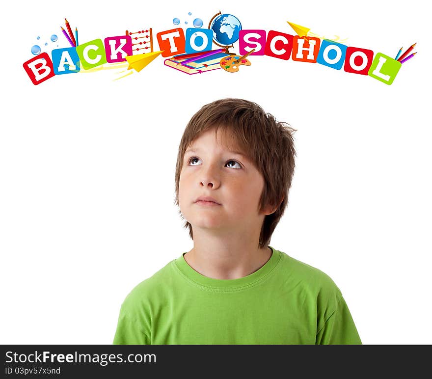 Boy looking with back to school theme isolated on white