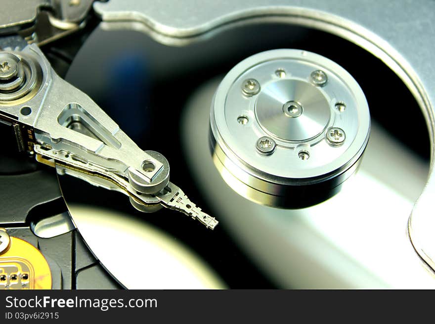 The insides of a hard disk , resembles a vintage record player. The insides of a hard disk , resembles a vintage record player.