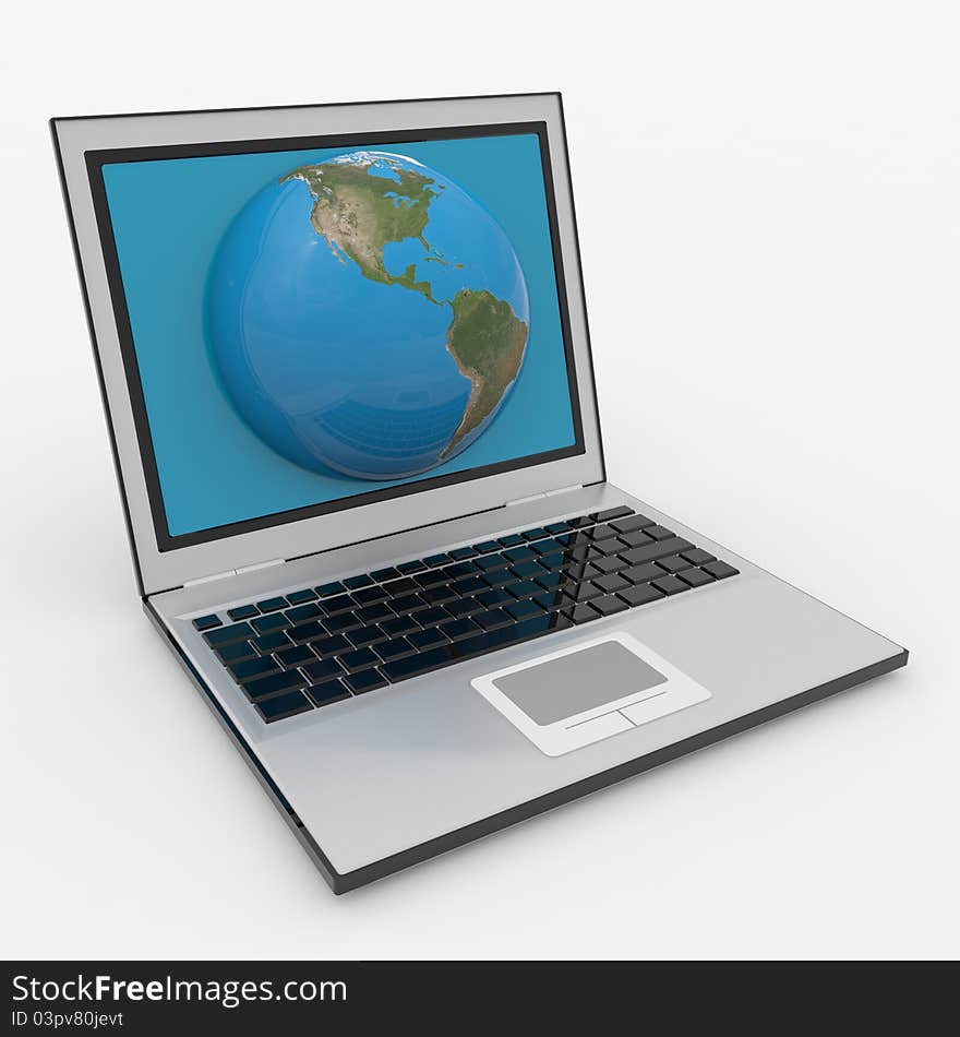 Globe into laptop screen. Computer generated image.