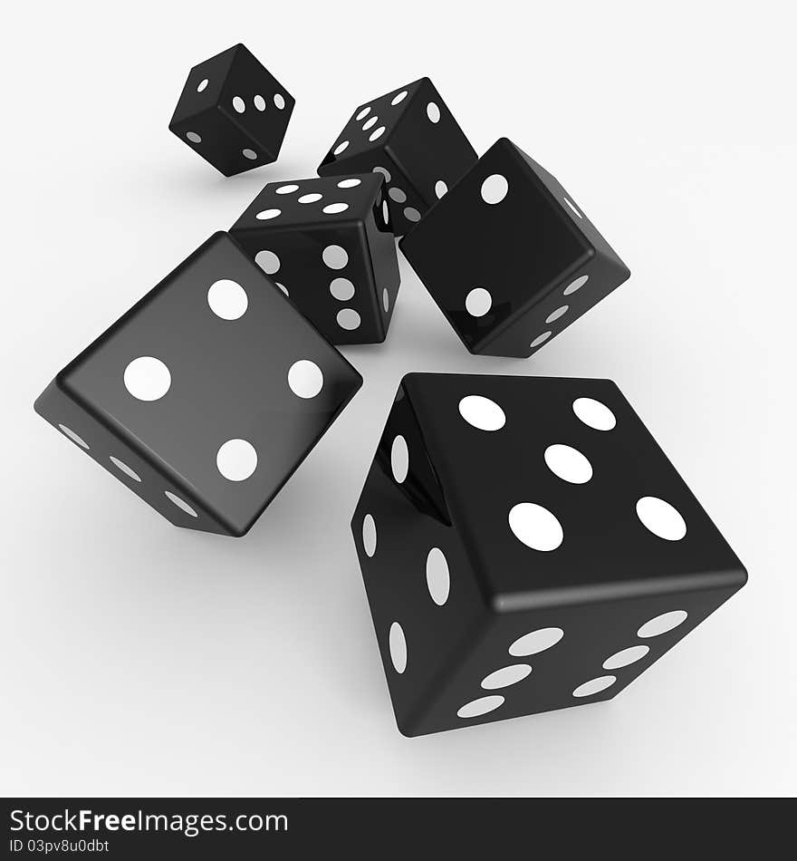 Black dices isolated on white. Computer generated image.