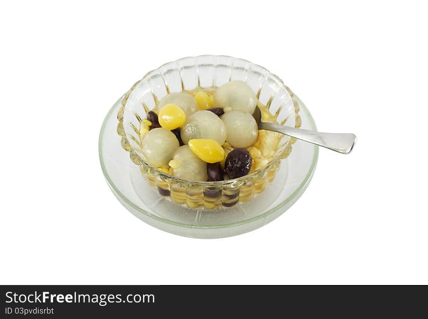 Traditional thai dessert with longan on white background isolate.