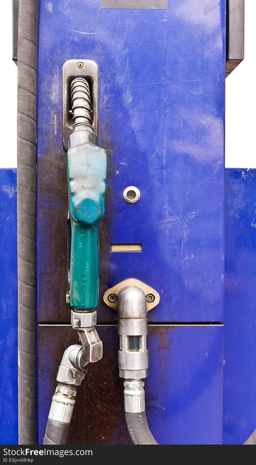 Blue metal dispensing fuel with green handle. Blue metal dispensing fuel with green handle