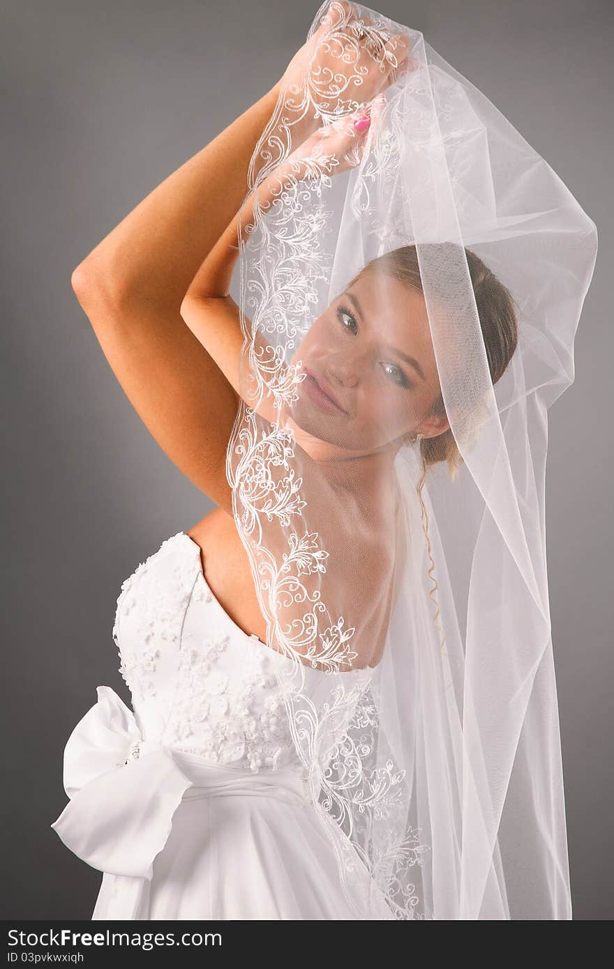 Beautiful bride covered under a veil in studio