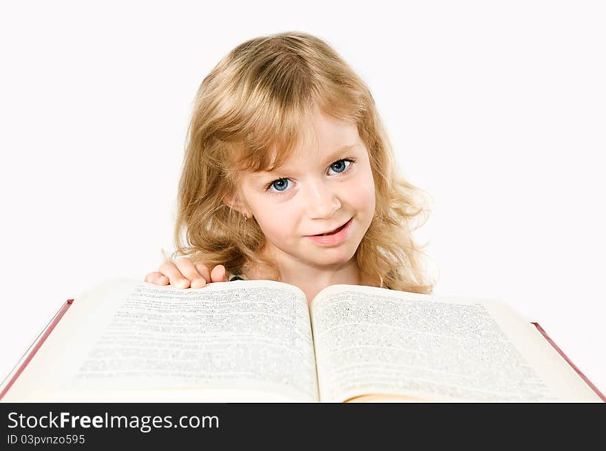 Smart student girl with a big book isolated on white. Smart student girl with a big book isolated on white