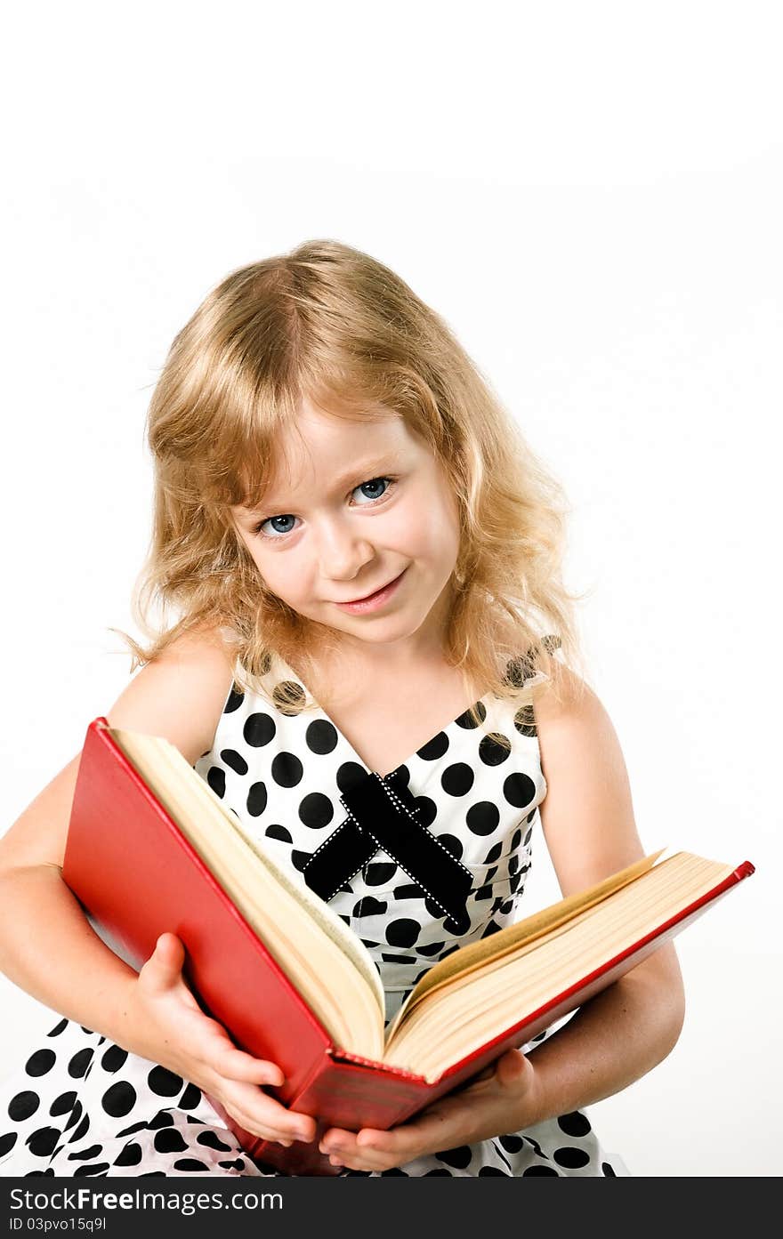 Smartlittle Student Girl With A Big Book Isolated