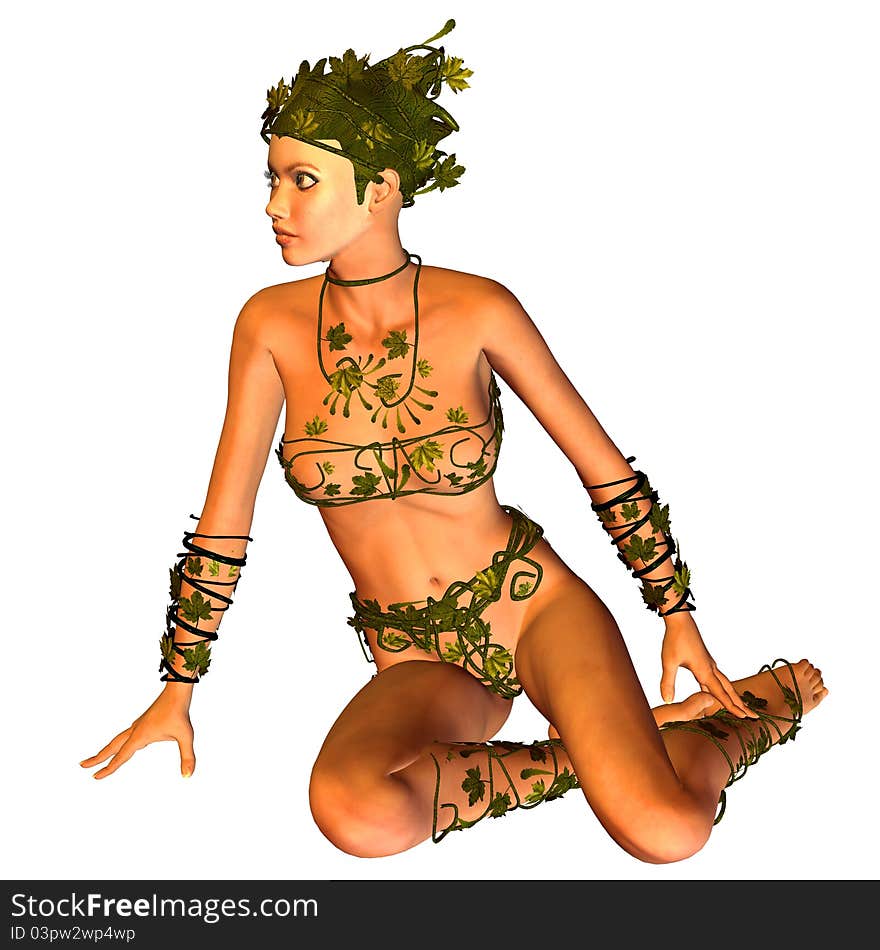 3d rendering of a seated woman in bikini leaf as illustration. 3d rendering of a seated woman in bikini leaf as illustration