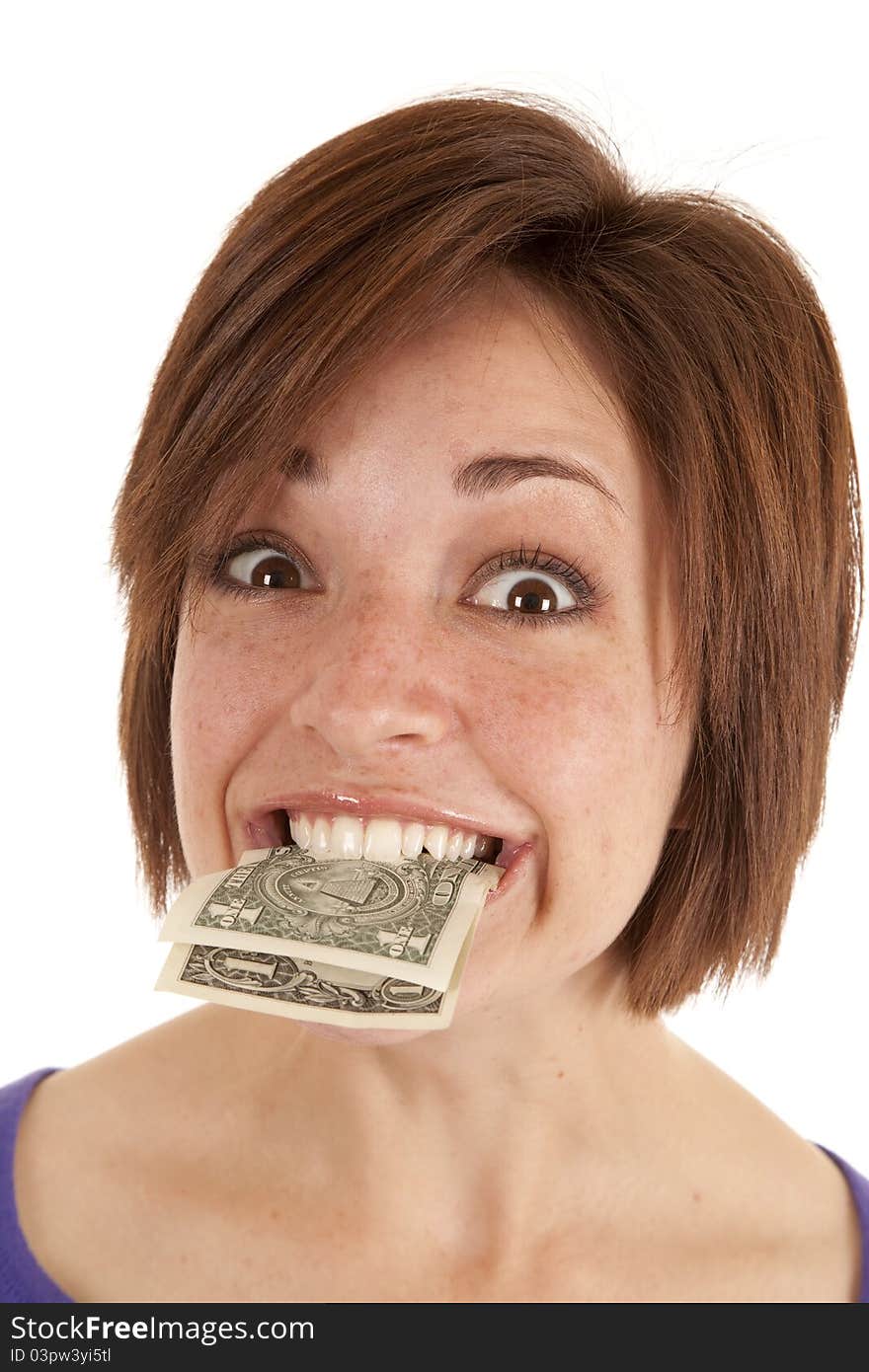 A woman with money sticking out of her mouth. A woman with money sticking out of her mouth.