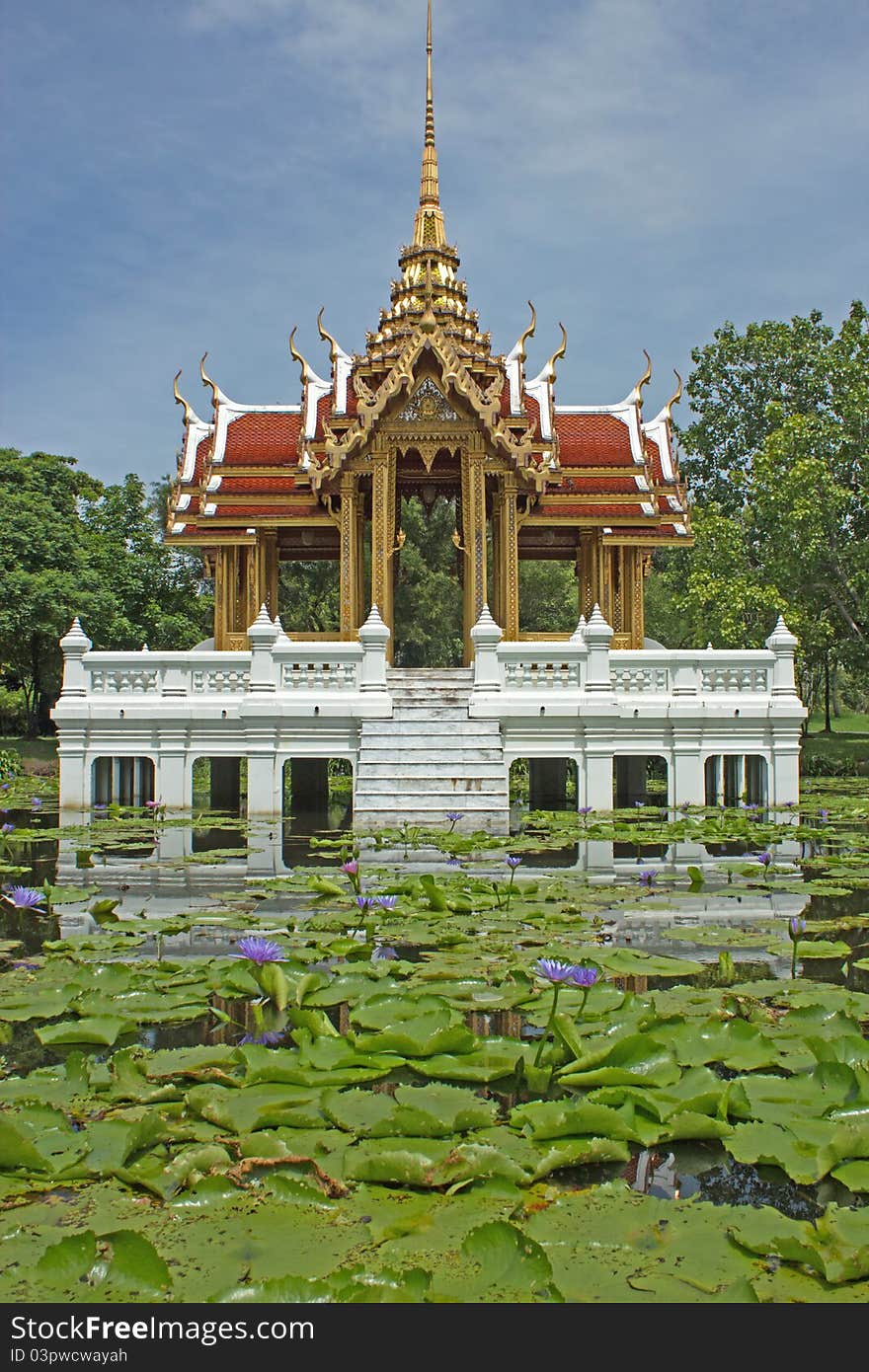 Thai-style pavilion, water.