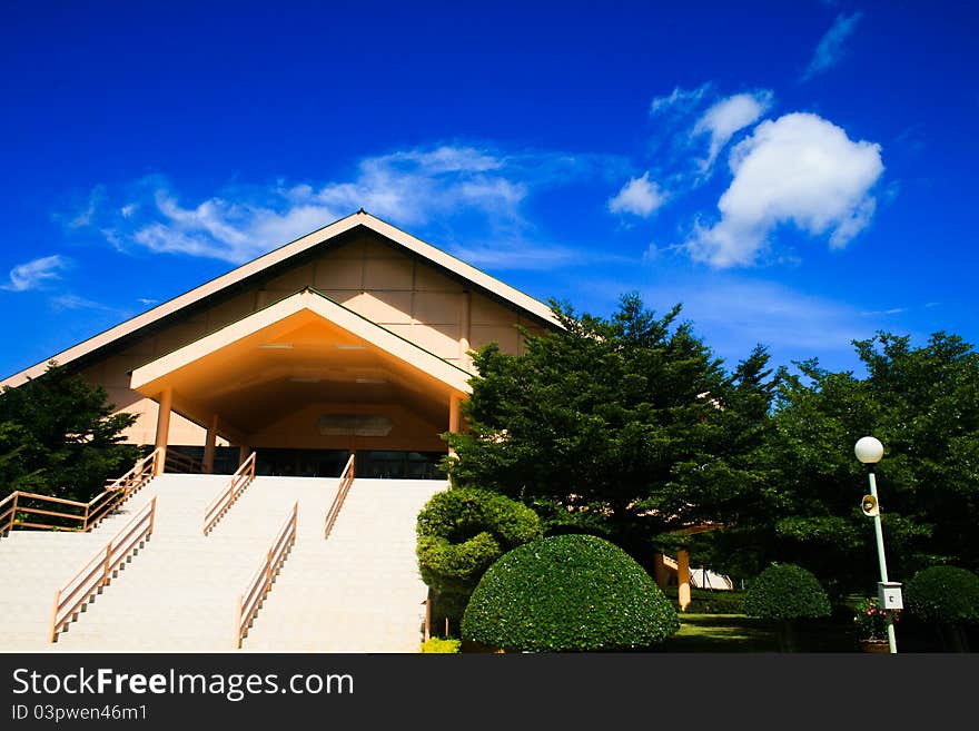 Thai Buddhist sanctuary in clear sky.