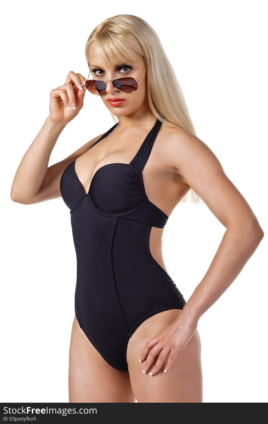 Beautiful woman wearing swimsuit and sunglasses