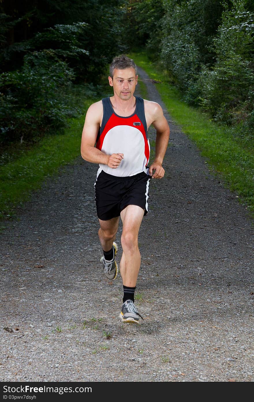 An athlete running through the forest. An athlete running through the forest