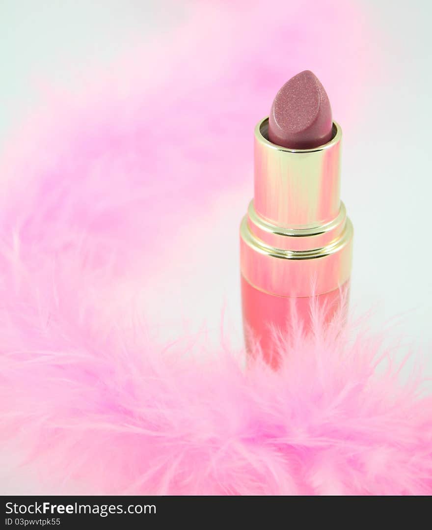 Pink lipstick with pink feathered boa.