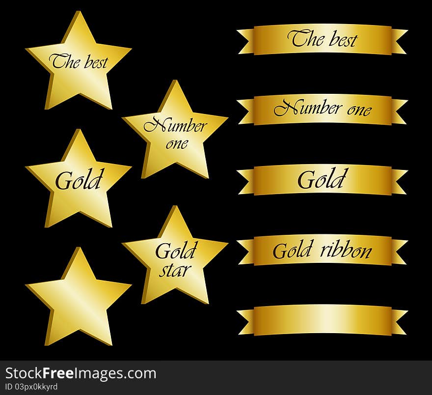 A set of gold stars and ribbons with inscriptions. A set of gold stars and ribbons with inscriptions