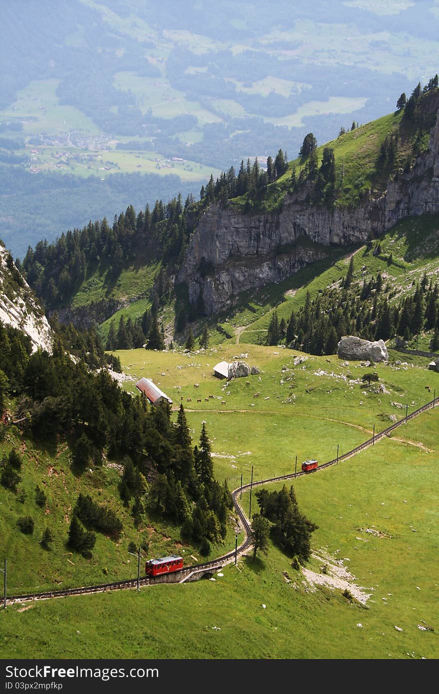 Red swiss rack railroad in the mountains