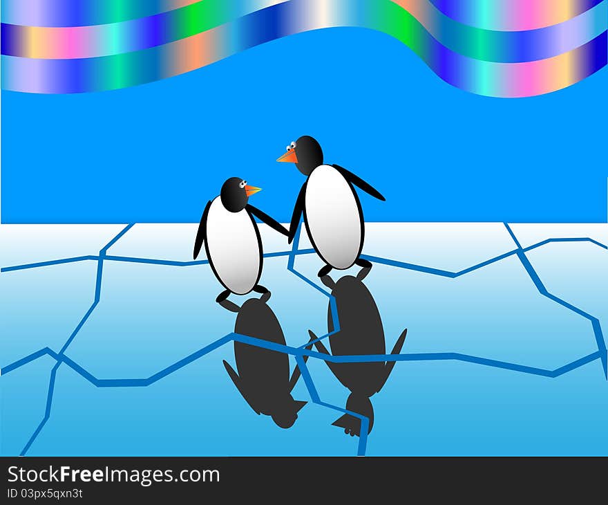 Vector illustration.funny penguins on the ice under the northern lights