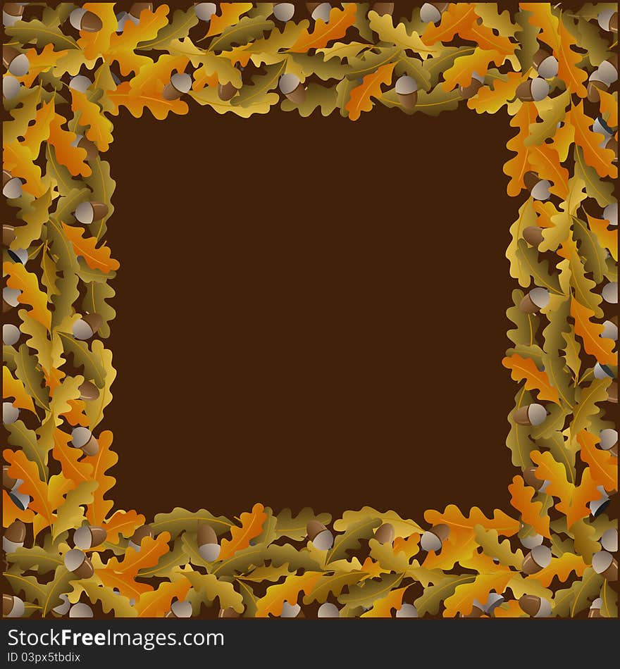 Autumn frame with acorns on brown background. Autumn frame with acorns on brown background