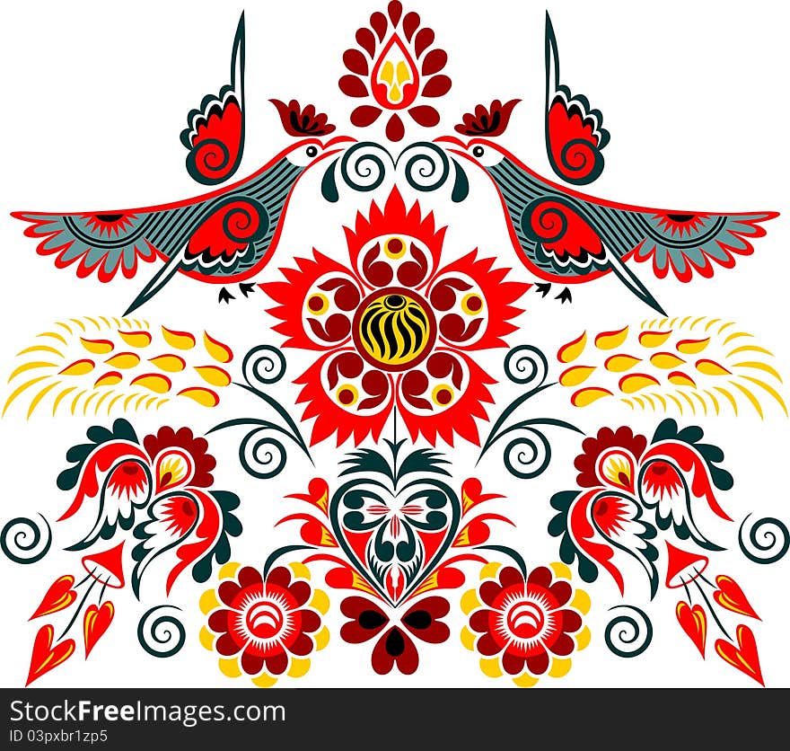 Illustration of color ornamental composition with bird