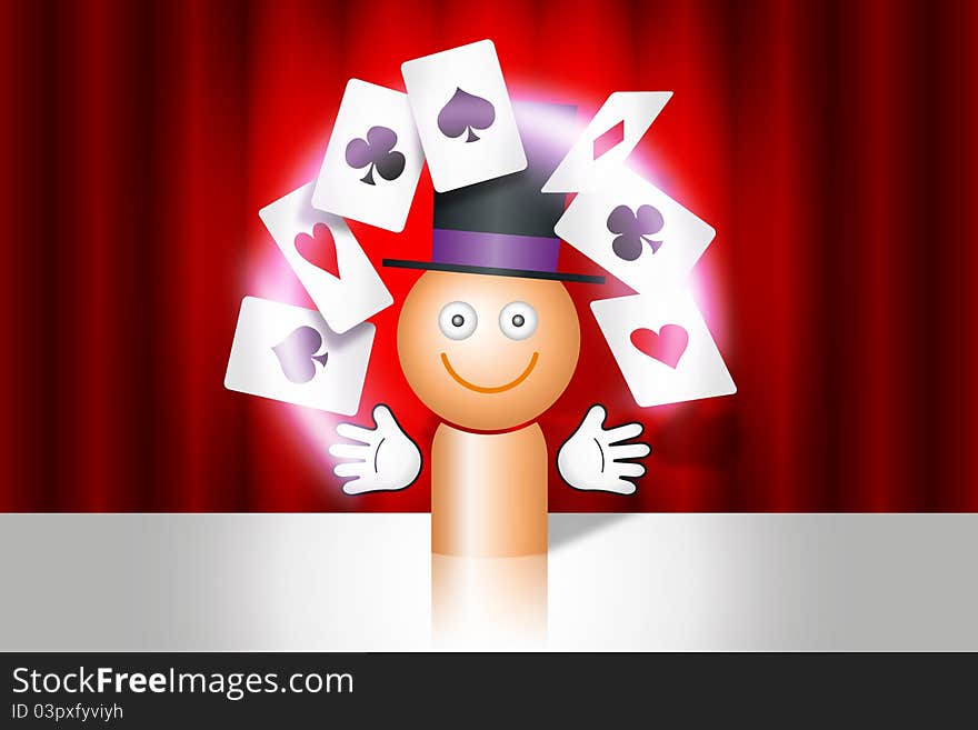 Magician with cards standing ahead of red vail.