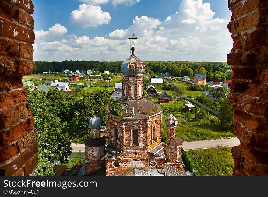 Old beautiful orthodox church bird-fly view. Old beautiful orthodox church bird-fly view