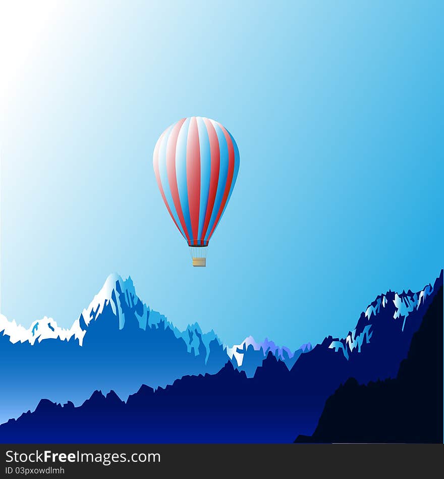 Mountains with hot air ballon. Vector illustration.