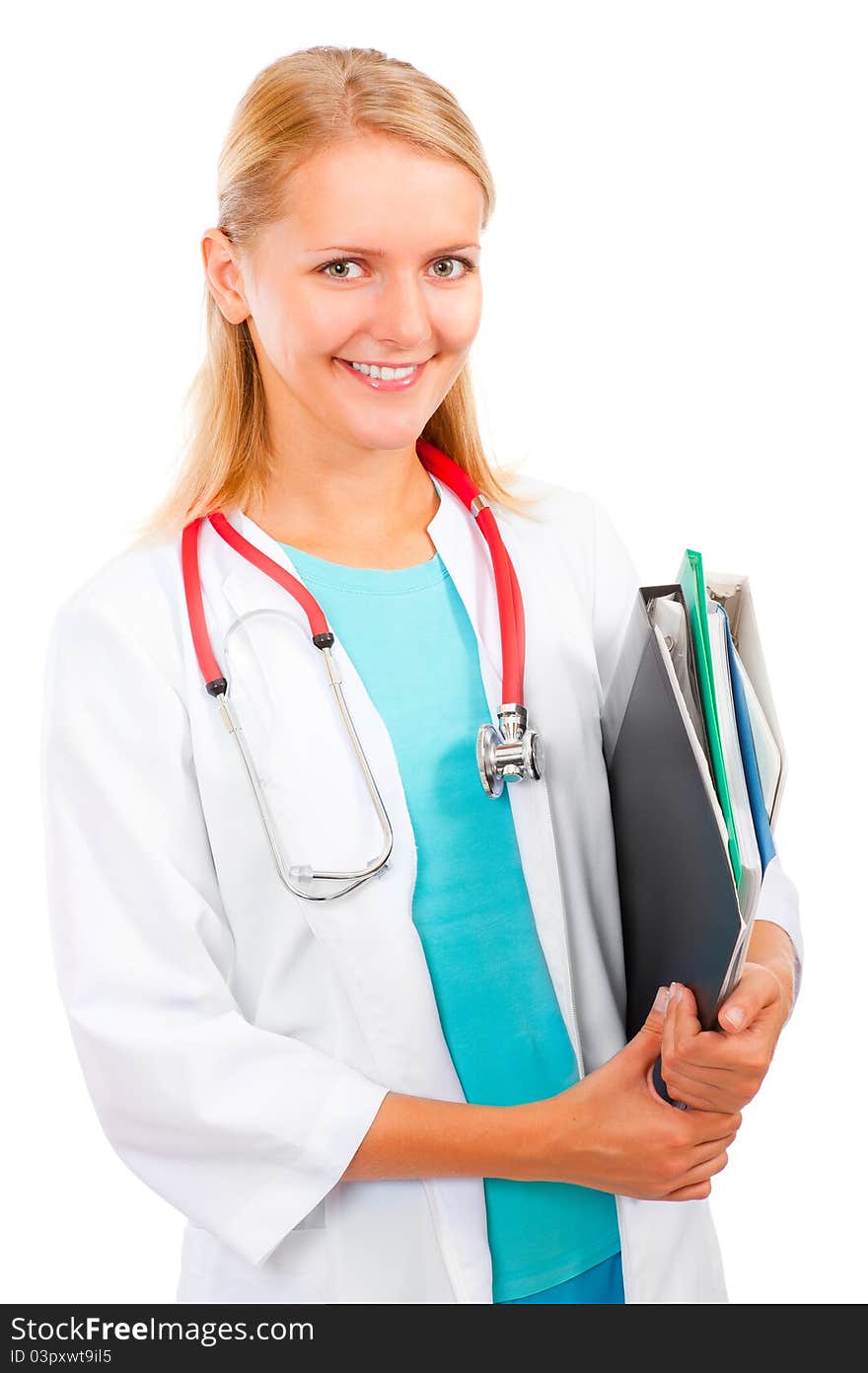 Young medical smiling woman doctor holding files portrait isolated on white background. Young medical smiling woman doctor holding files portrait isolated on white background