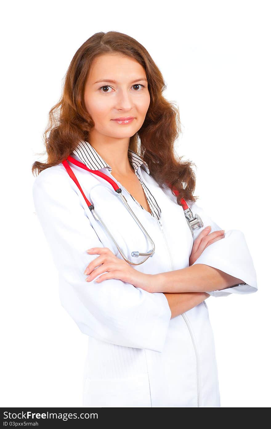 Young medical woman doctor portrait isolated on white background. Young medical woman doctor portrait isolated on white background