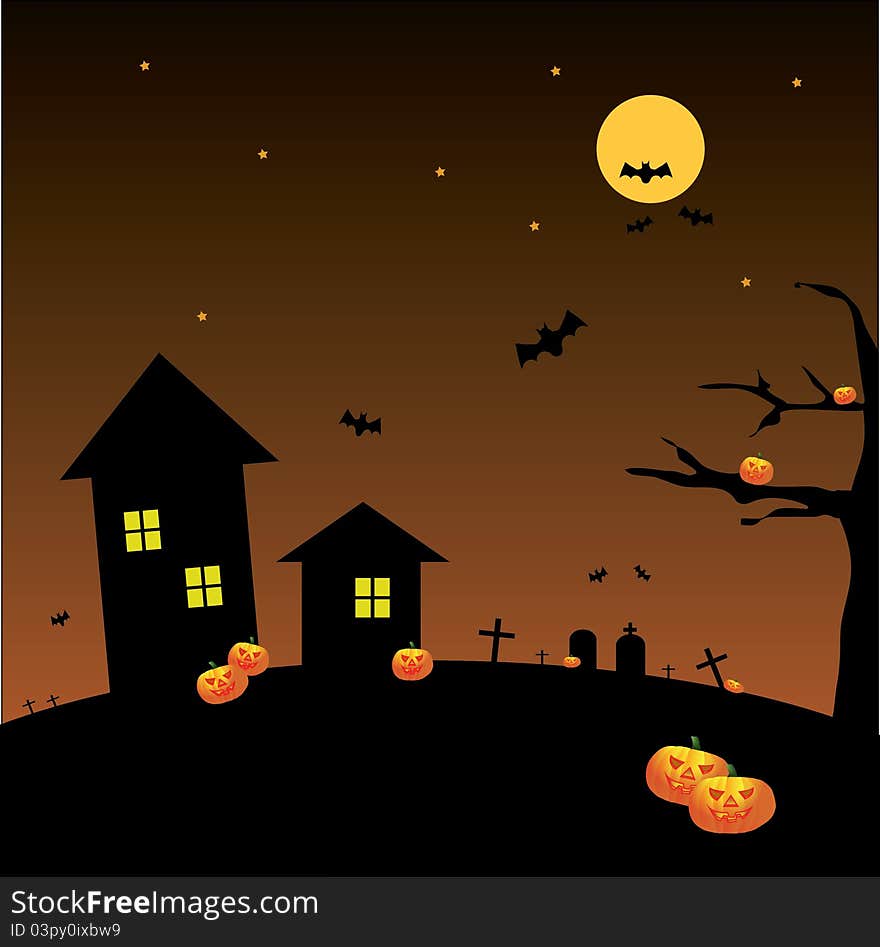 Illustration of a full moon Halloween background with bats, pumpkins and buildings. Illustration of a full moon Halloween background with bats, pumpkins and buildings