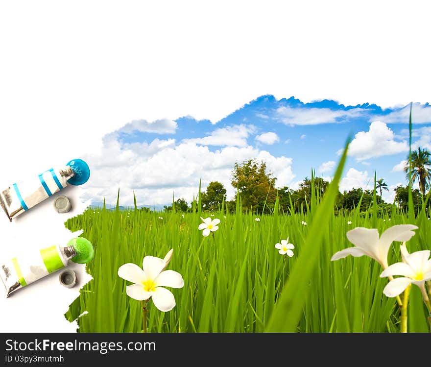 Painting summer landscape with blue sky