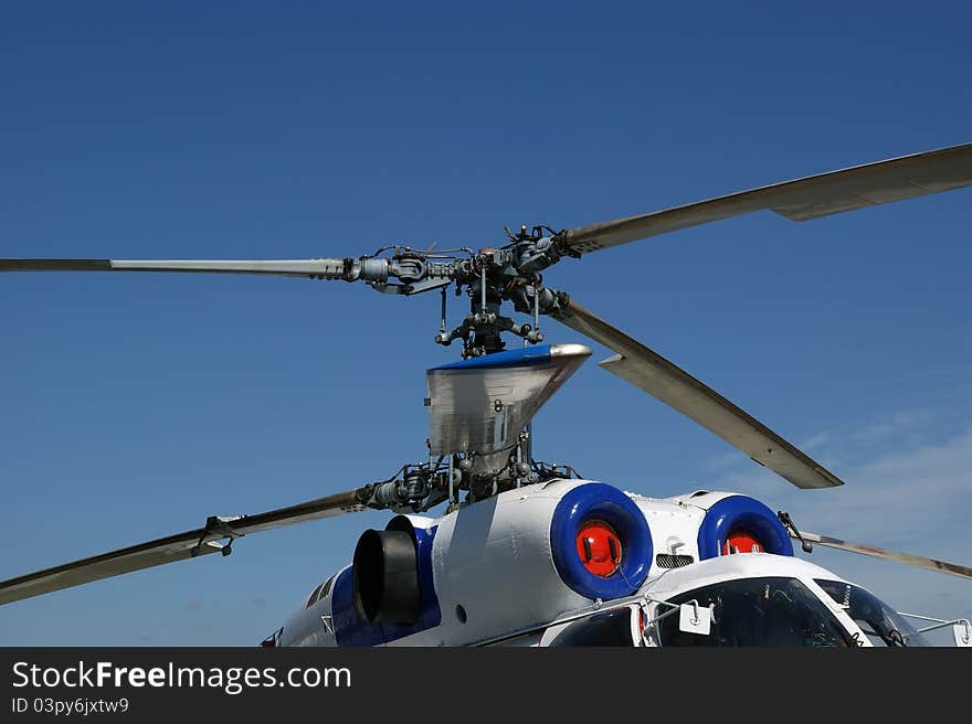 Details of the rotor and part of the body of modern military helicopters closeup