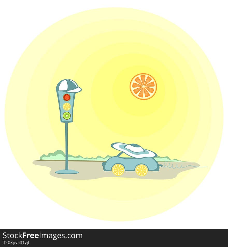 A car and a traffic lights wearing caps while the fruit-like sun shining