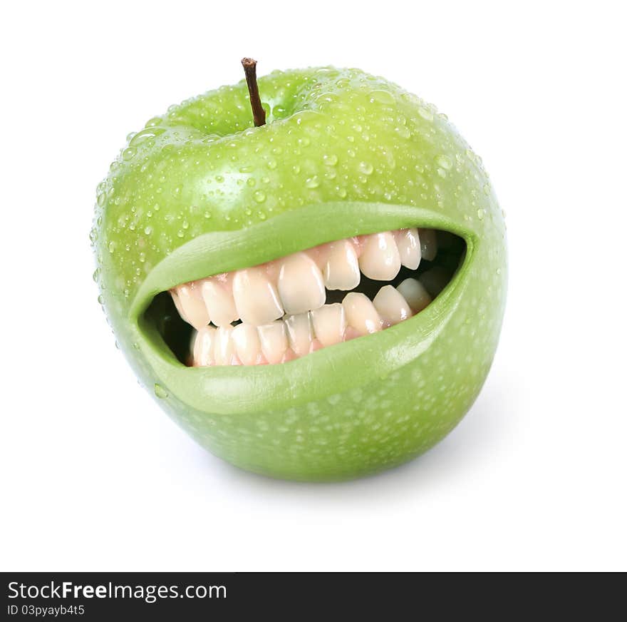 Fresh green apple with water drops