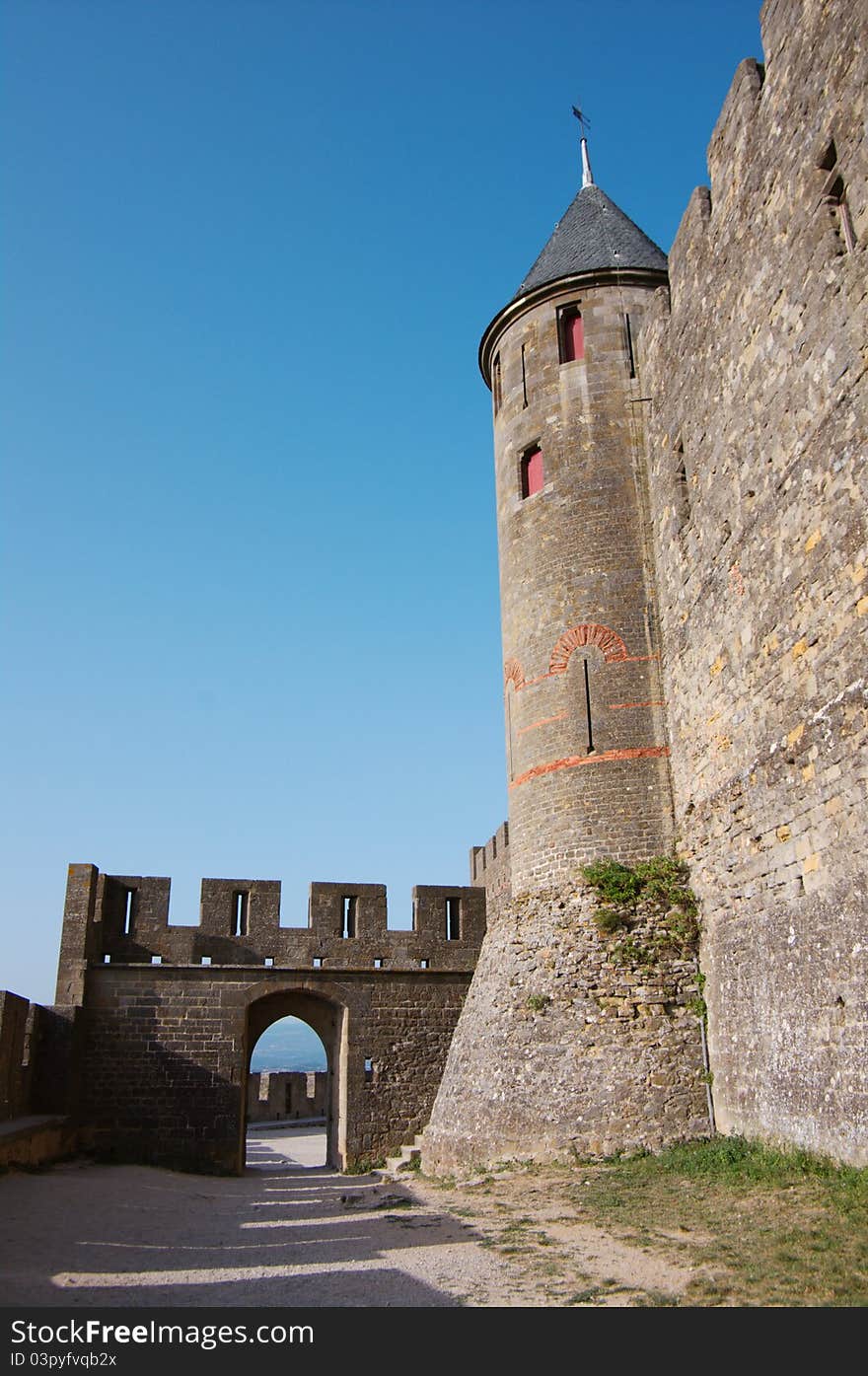 Walls of Carcassonne castle in France, Languedoc