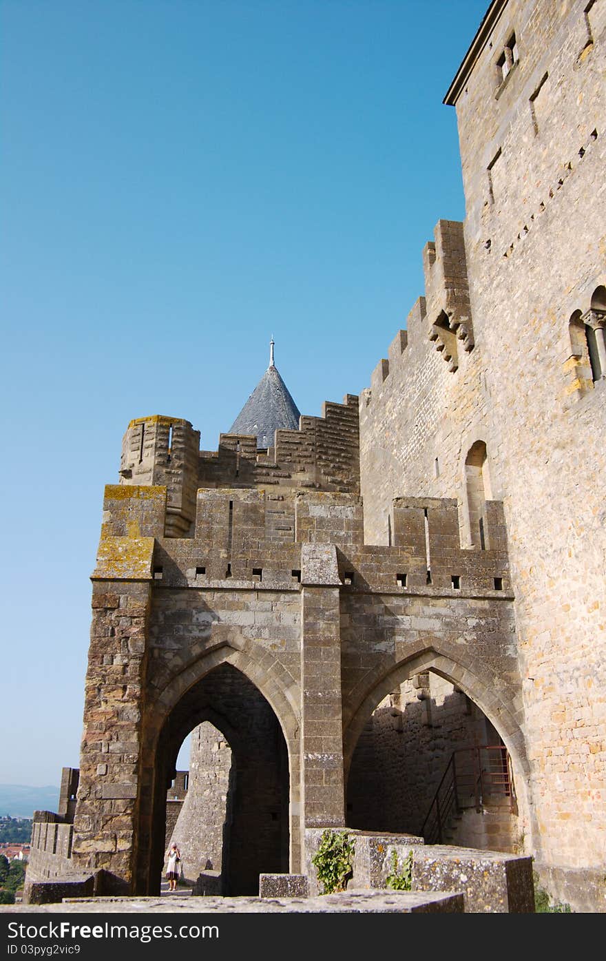 Walls of Carcassonne castle in France, Languedoc