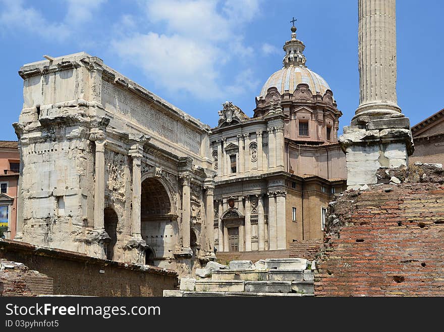 The Roman Forum (Latin: Forum Romanum, Italian: Foro Romano) is a rectangular forum (plaza) surrounded by the ruins of several important ancient government buildings at the center of the city of Rome. The Roman Forum (Latin: Forum Romanum, Italian: Foro Romano) is a rectangular forum (plaza) surrounded by the ruins of several important ancient government buildings at the center of the city of Rome.