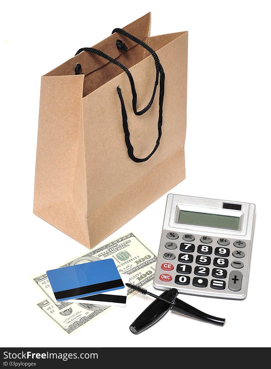 Shopping bag, plastic card and cash - shopping concept