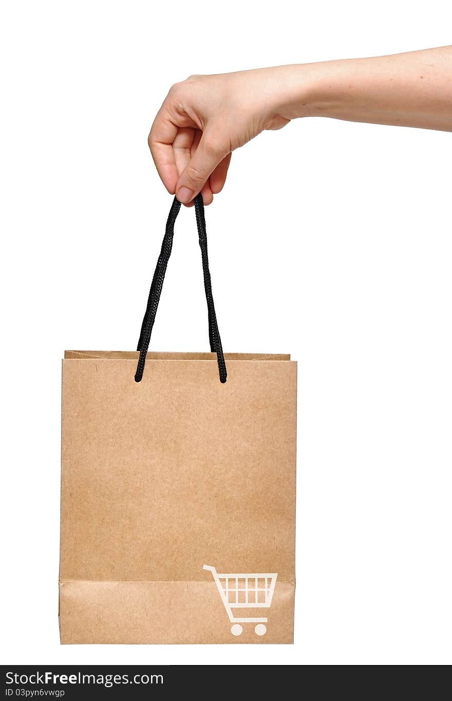 Hand with shopping bag isolated on white background