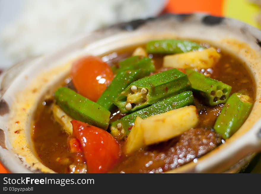 Spicy vegetable curry cooked with traditional Indian spices. Spicy vegetable curry cooked with traditional Indian spices.