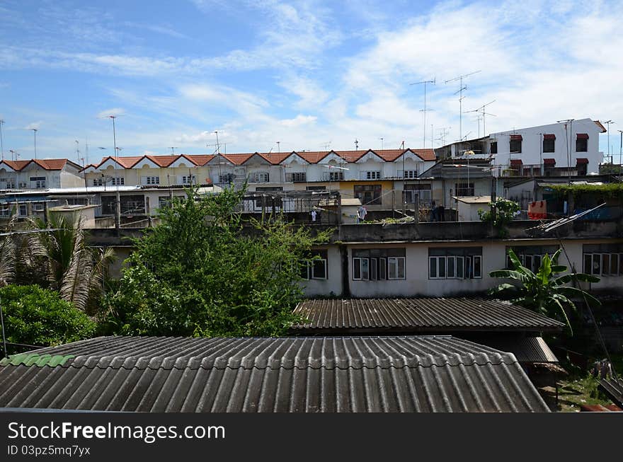 Views on housetop, old roof and buildings