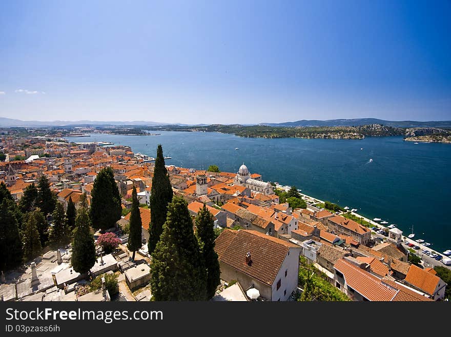 Panoramic view of old town Sibenik, St.James cathderal and the channel. Panoramic view of old town Sibenik, St.James cathderal and the channel