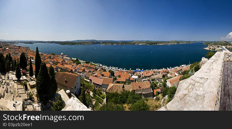 Panoramic view of old town Sibenik, St.James cathedral and the channel. Panoramic view of old town Sibenik, St.James cathedral and the channel