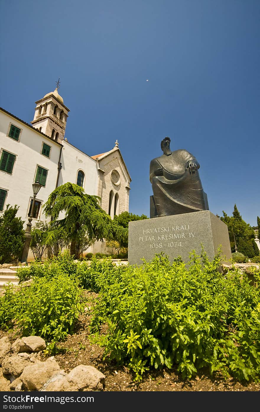 St.Francis monastery and the statue of king Petar Kresimir IV in Sibenik