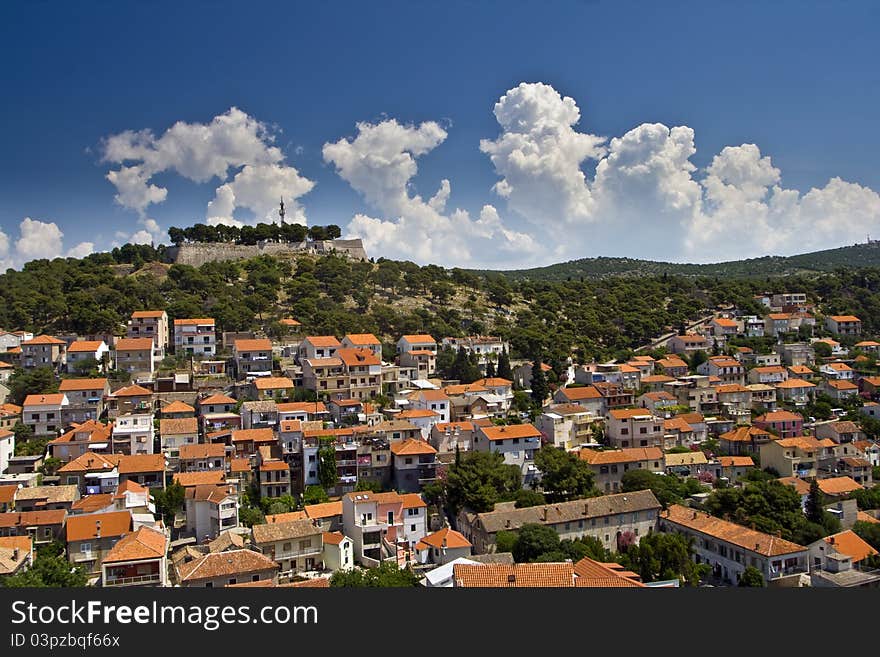 Panoramic view of Sibenik and St.John fortress on the hill. Panoramic view of Sibenik and St.John fortress on the hill