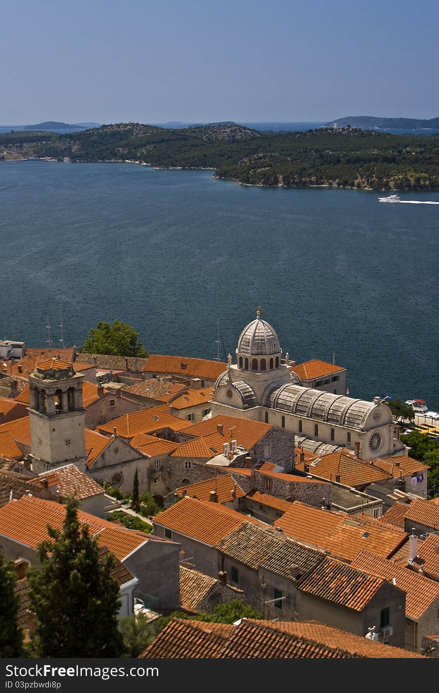 Panoramic view of old town Sibenik, St.James cathedral and St.Dominic tower and the channel. Panoramic view of old town Sibenik, St.James cathedral and St.Dominic tower and the channel