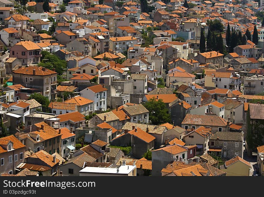 Picturesque panoramic view on red tile Sibenik roofs. Picturesque panoramic view on red tile Sibenik roofs