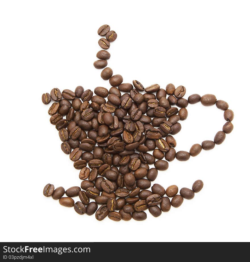 Coffee cup made of fried coffee beans isolated on white