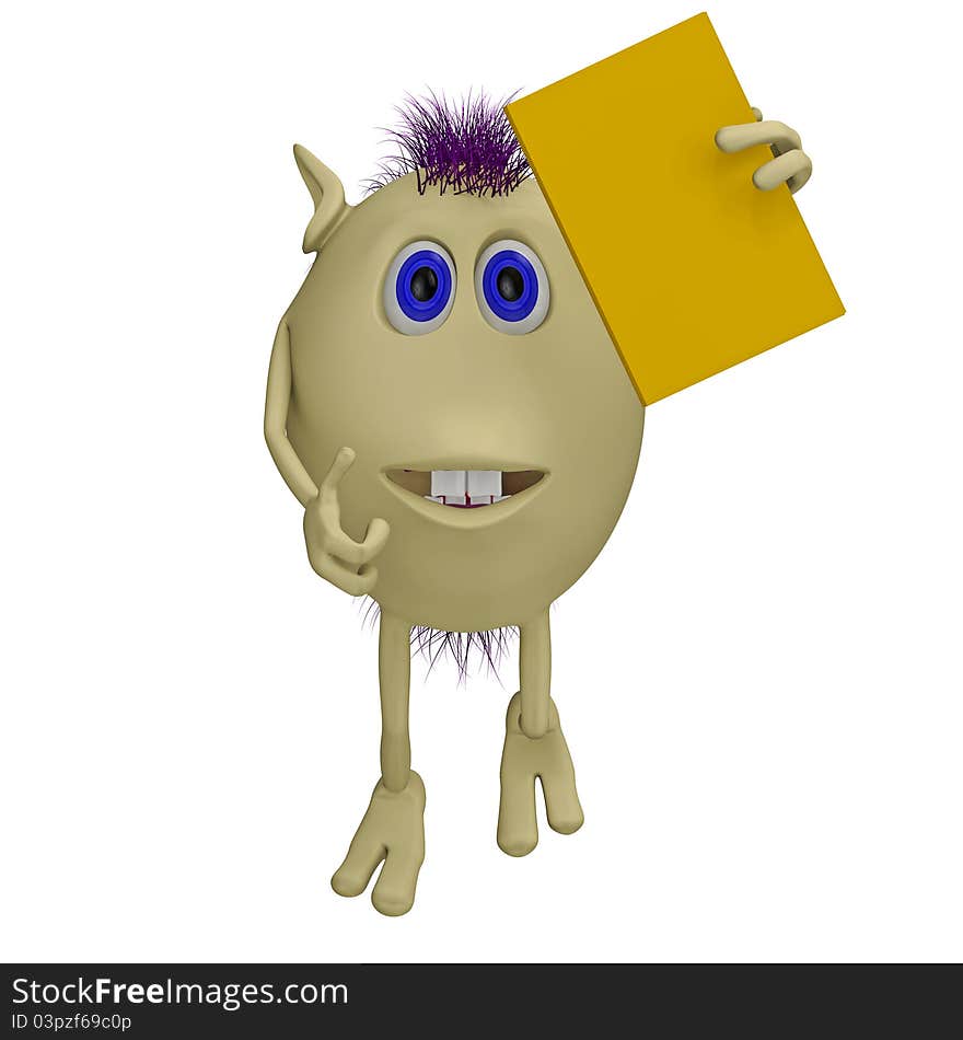 3D puppet with purple hairs holding yellow book. 3D puppet with purple hairs holding yellow book