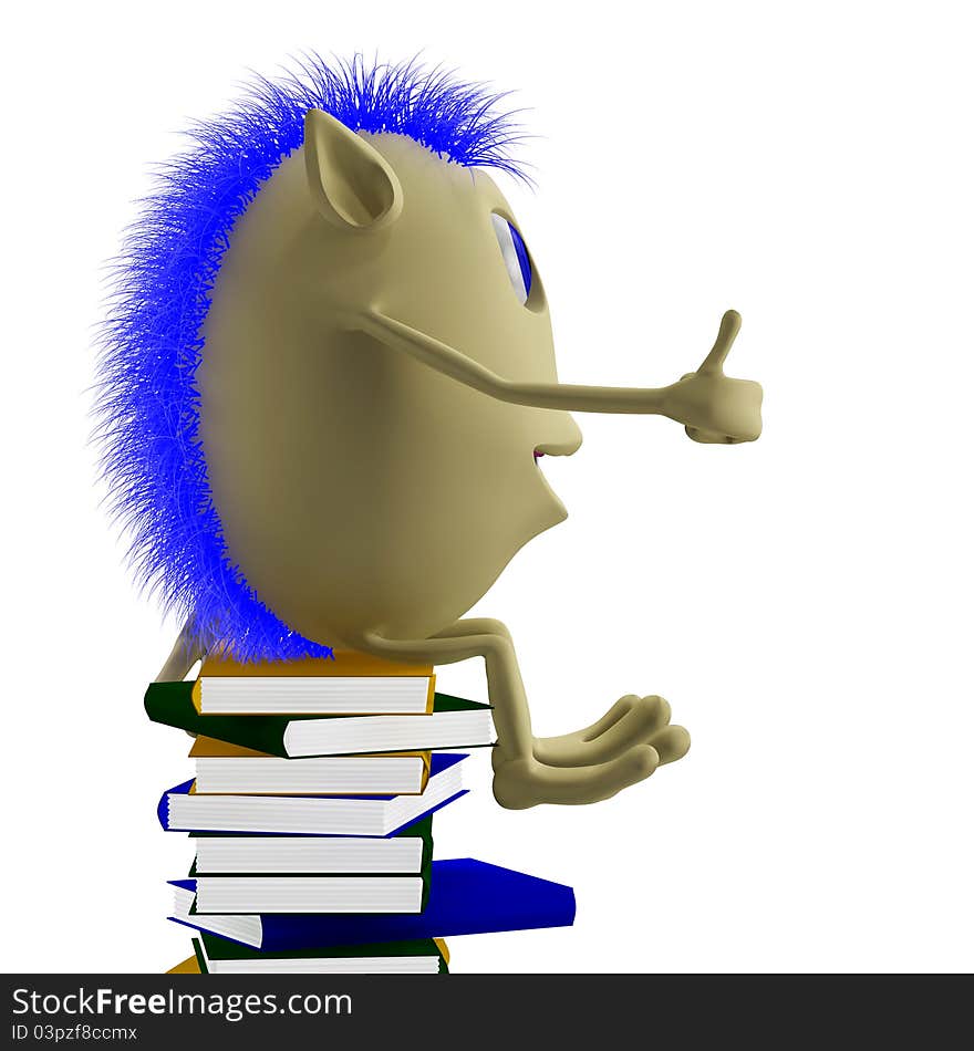 3D puppet with blue hairs sitting on books. 3D puppet with blue hairs sitting on books