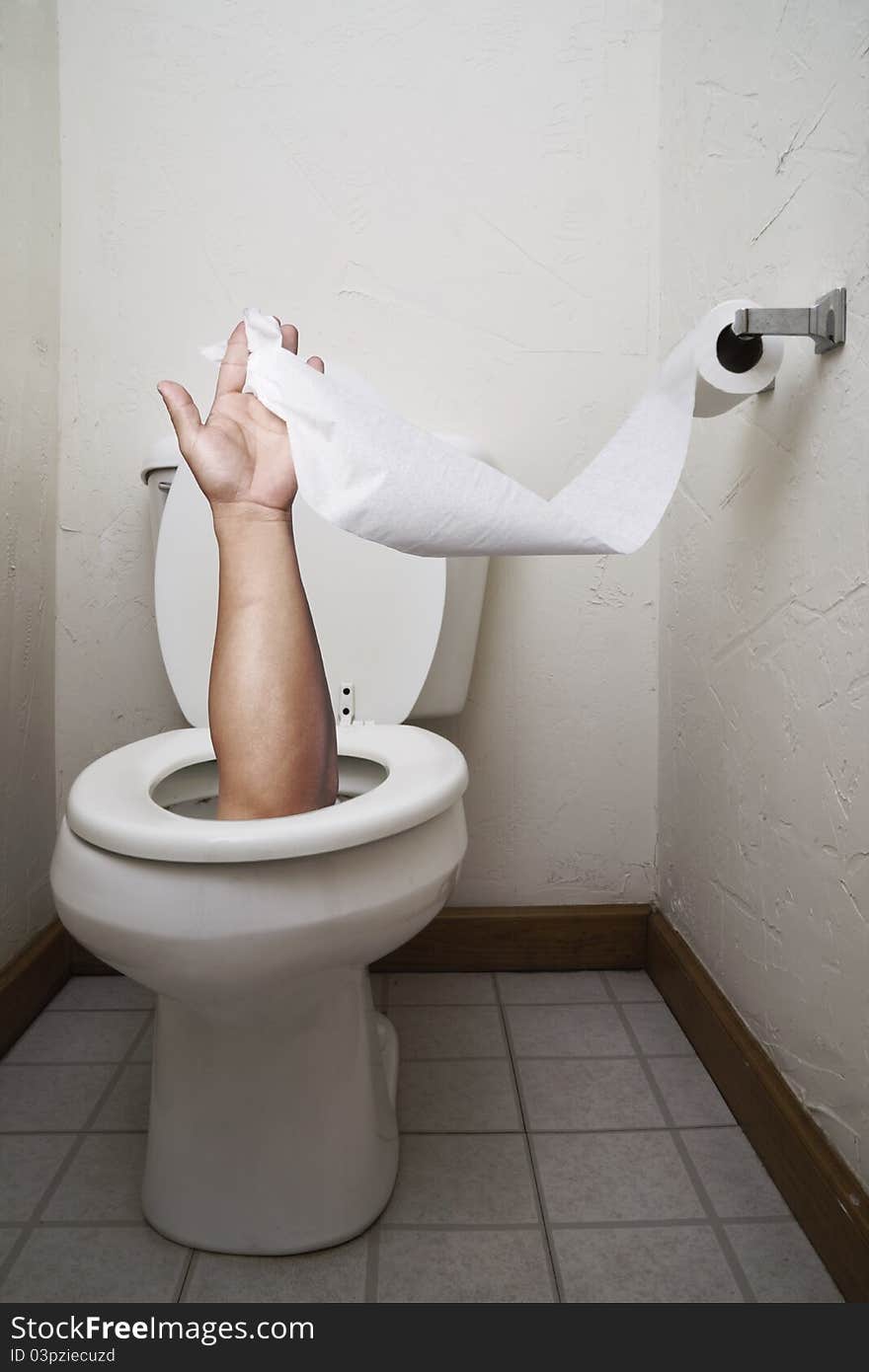 A hand coming out of a toilet holding a toilet paper. A hand coming out of a toilet holding a toilet paper.